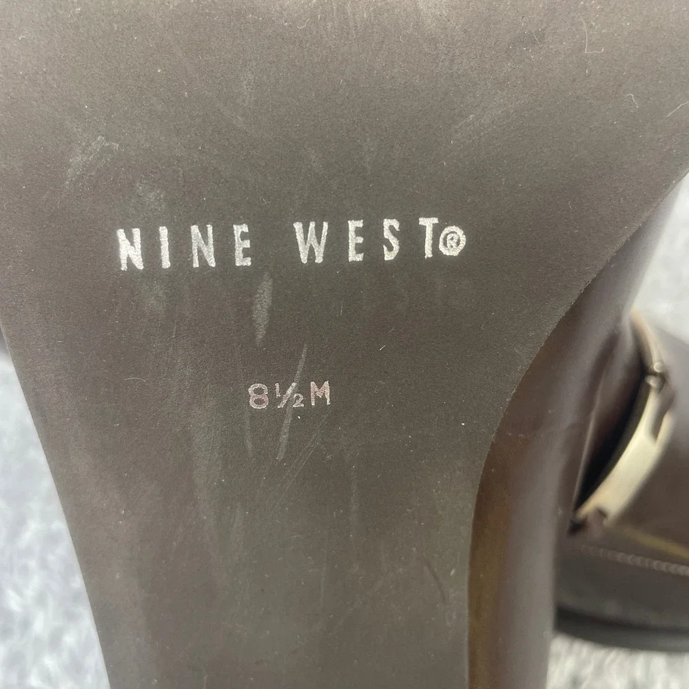 Nine West Ravon Loafers Women 8.5 Brown Leather Block‎ Heel Square Toe Brazil